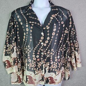 Molly Grace Brown Floral Sheer Slit Sleeve Shell Button Blouse 2X Bohemian
